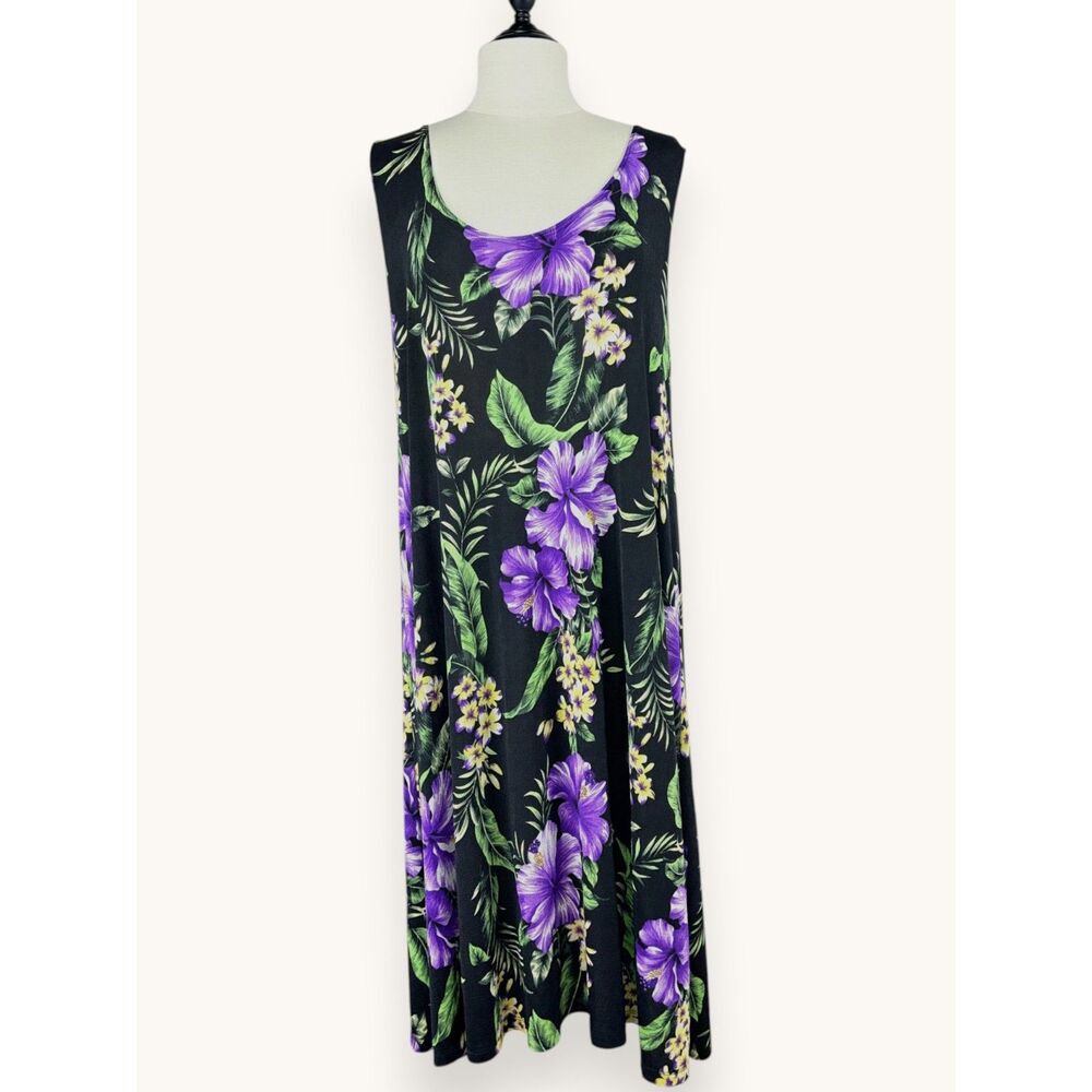 J&J Fashion Hawaii Tropical Floral Tank Dress Black Purple Hibiscus L/XL